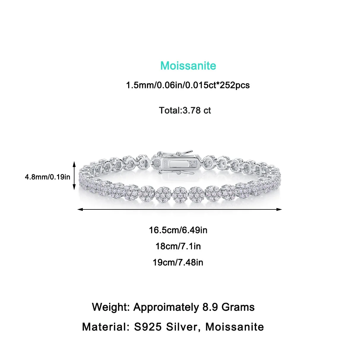 925 Sterling Silver Moissanite Bracelet D VVS1 Diamond with GRA for Women Sparkling Wedding Party Fine Jewelry