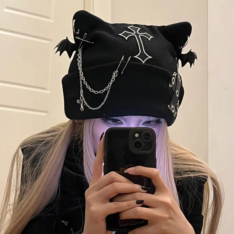 Halloween Studded Punk Style Knitted Hat Japanese Cat Ear Wool Hat Cross Chain Sweet Cool Girl Head Accessories Subculture