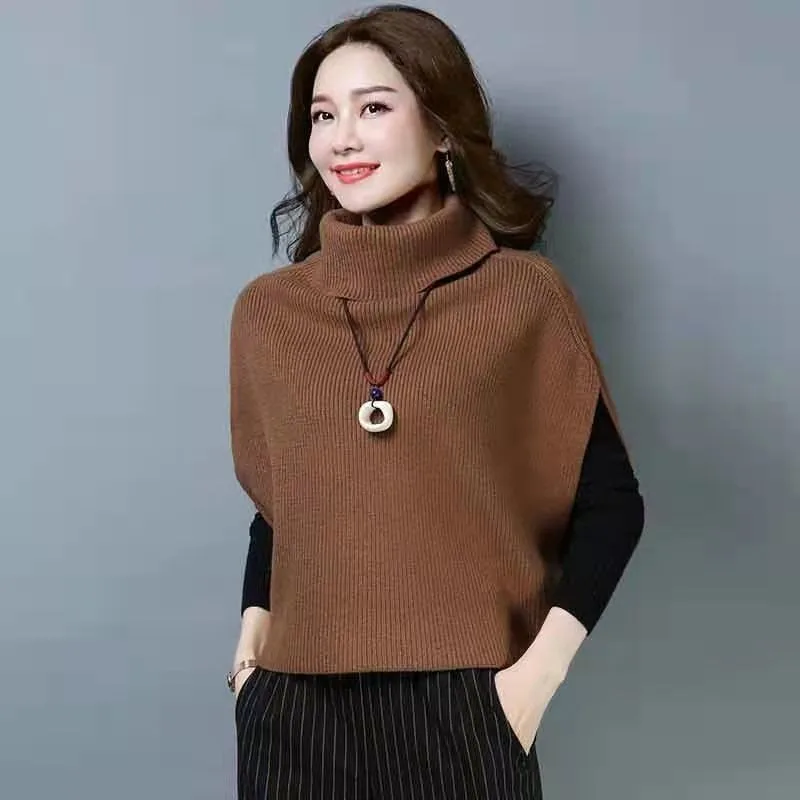 Knitted Sweater Vest Women's Vest Korean Style Loose Bat Sleeve Solid Color High Collar Fashionable Casual Top