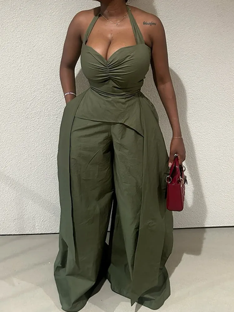 

Одежда BKLD для женщин, лето 2023, сексуальные комбинезоны с лямкой на шее и v-образным вырезом, нерегулярные комбинезоны без рукавов с высокой талией и лентой, длинные брюки, цельные комбинезоны