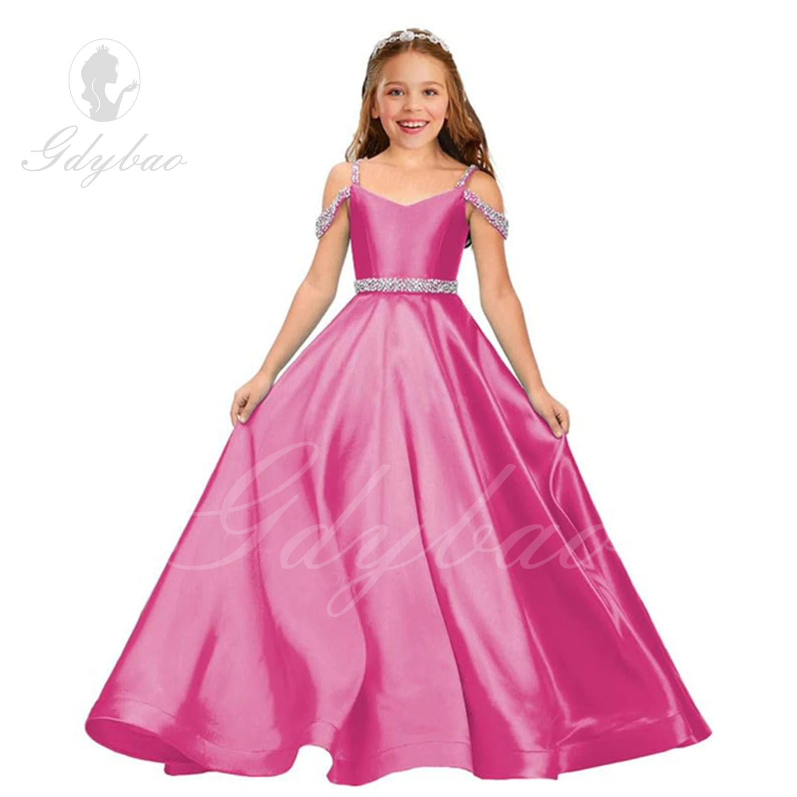 Satin Child Wedding Party Dresses Long Beaded Off Shoulder Birthday Flower Girl Dress Formal Evening Gowns For Girls