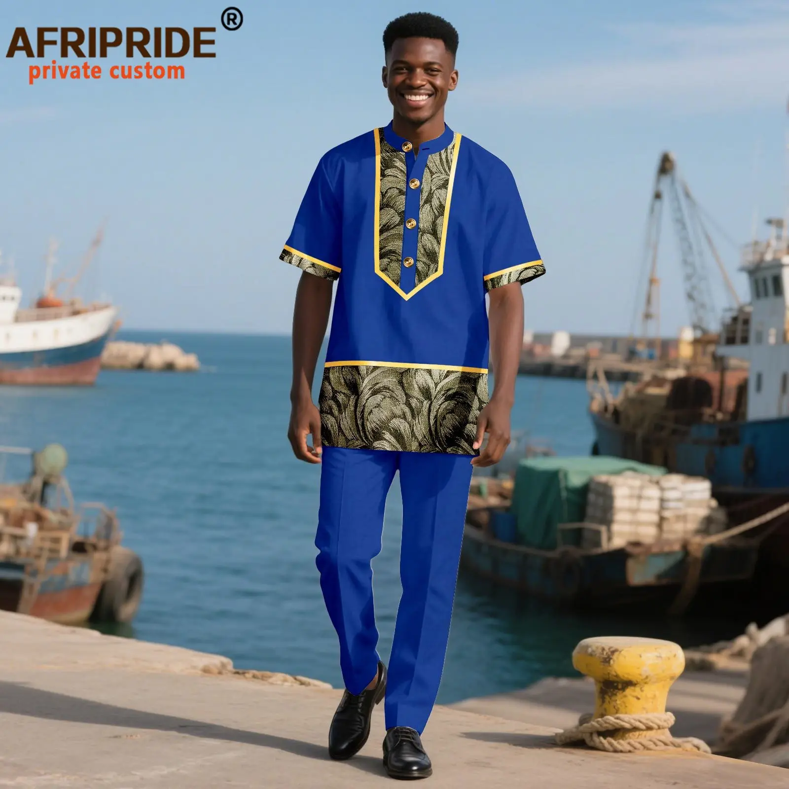 African Traditional Clothing for Men Half Sleeve Embroidery Single Breasted Shirts and Pants 2 Piece Set Dashiki Outfits 2516056