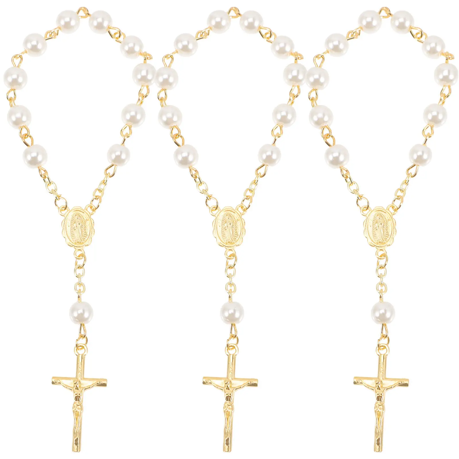 

3Pcs Glass Pearl Cross Baptism Rosaries Plated Faux Pearls Christening Favors Religious Gifts Party Supplies Rosary Bracelet