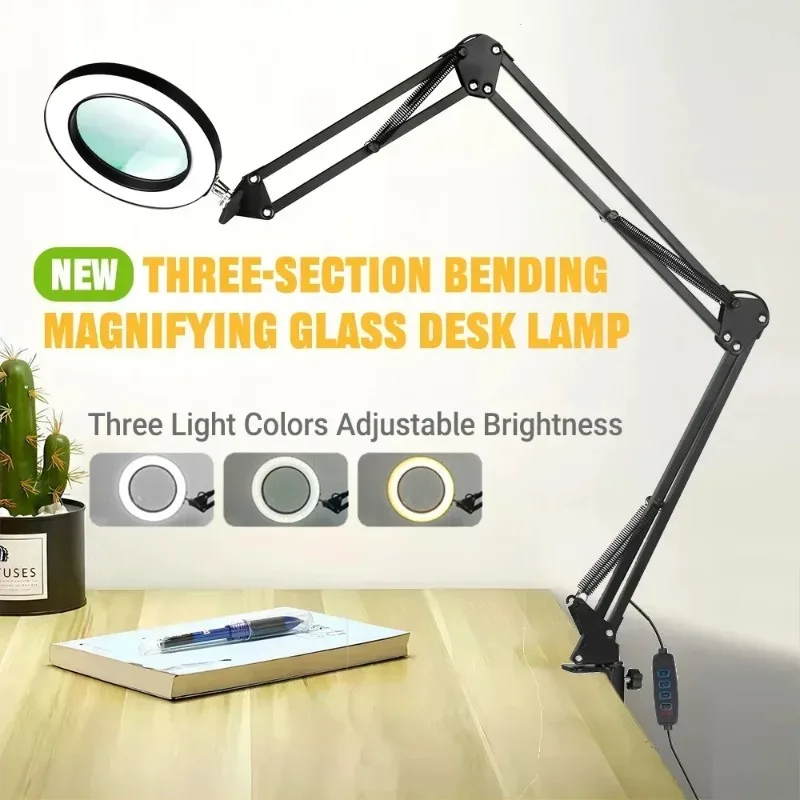 Extra-long 3 Section Swing Magnifying Glass Lamp with 3Color Adjust LED Light Table Lamp for Welding Repair Reading Close Work