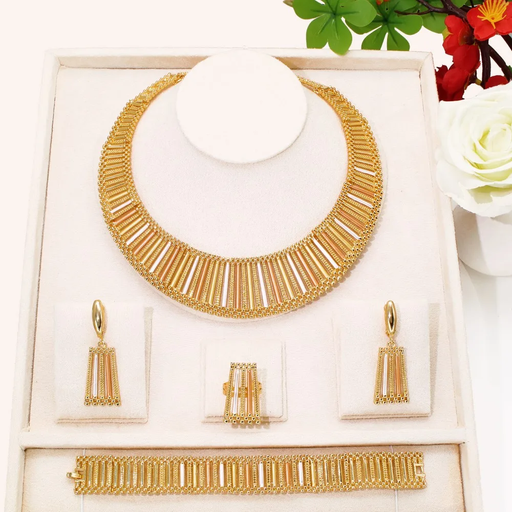 

GZJPEI Three Tone Jewelry Set Unique Hollow Out Italy Jewellery Exaggeration Big Necklace Wide Bracelet Geometric Earrings Rings