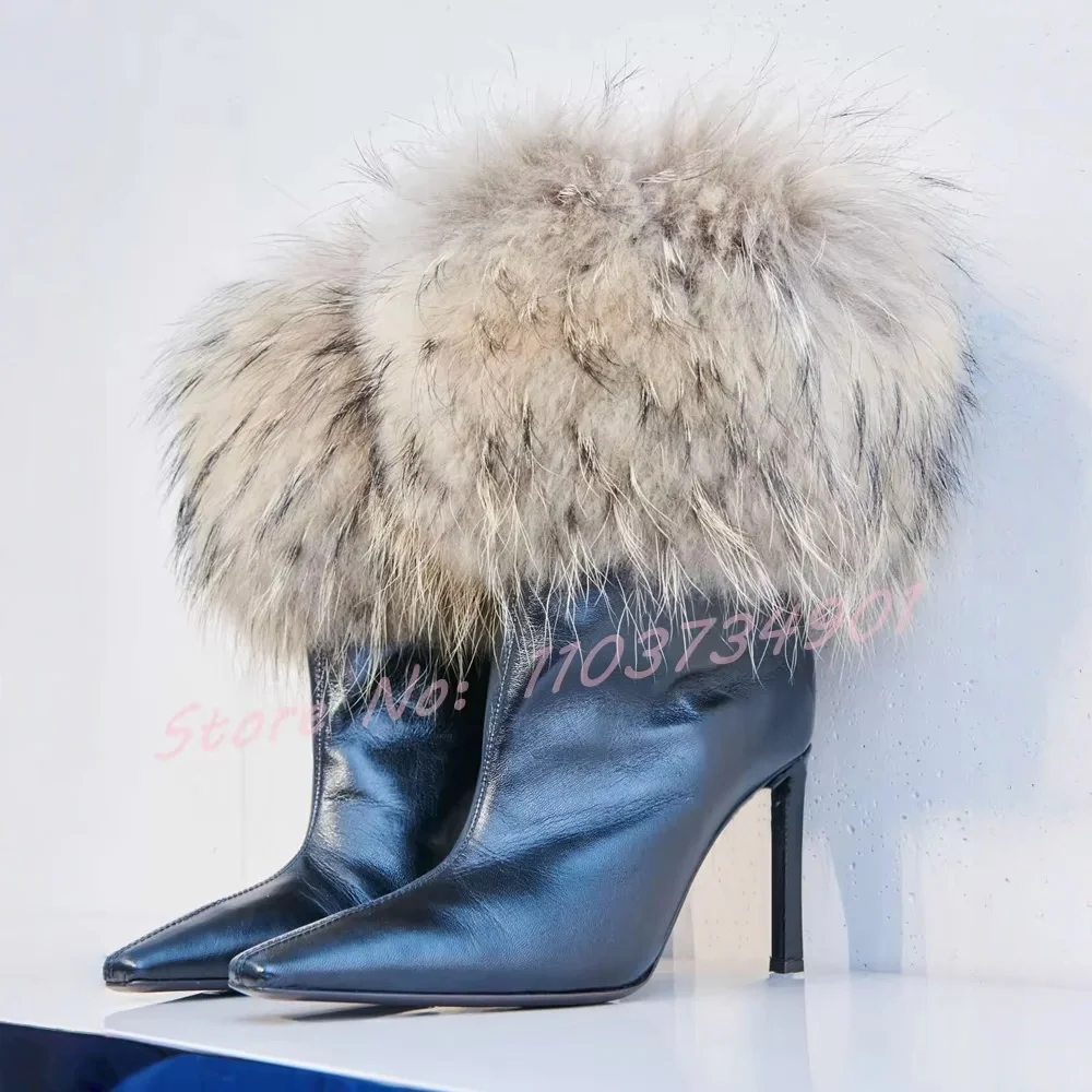 

Коричневые короткие сапоги с острым носком, женские повседневные туфли на высоком каблуке с натуральным мехом и боковой молнией, женские модные шикарные ботинки для вечеринок в стиле панк, большой размер