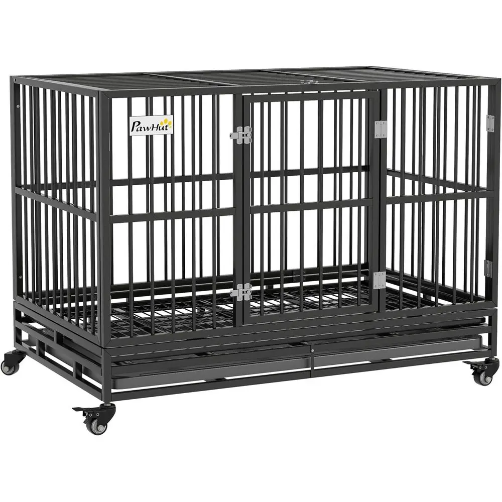 

Gray 48 Metal Dog Crate with Lockable Wheels, Double Door, and Removable Tray