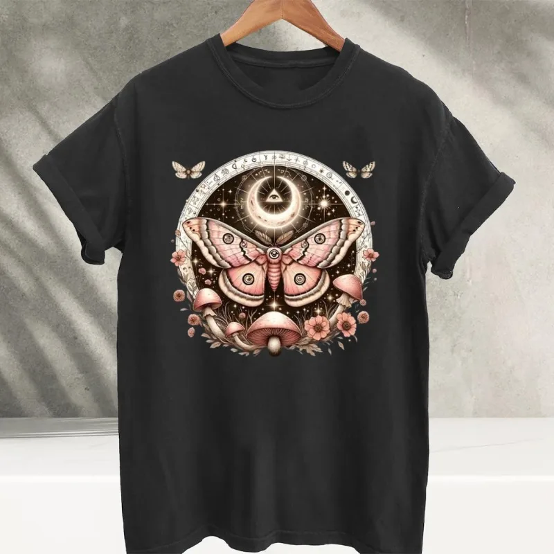 Mystical Moth Graphic Tee Celestial Moon All Seeing Eye Mushroom Flowers Butterfly Zodiac Witchy Cottagecore Womens t-shirts