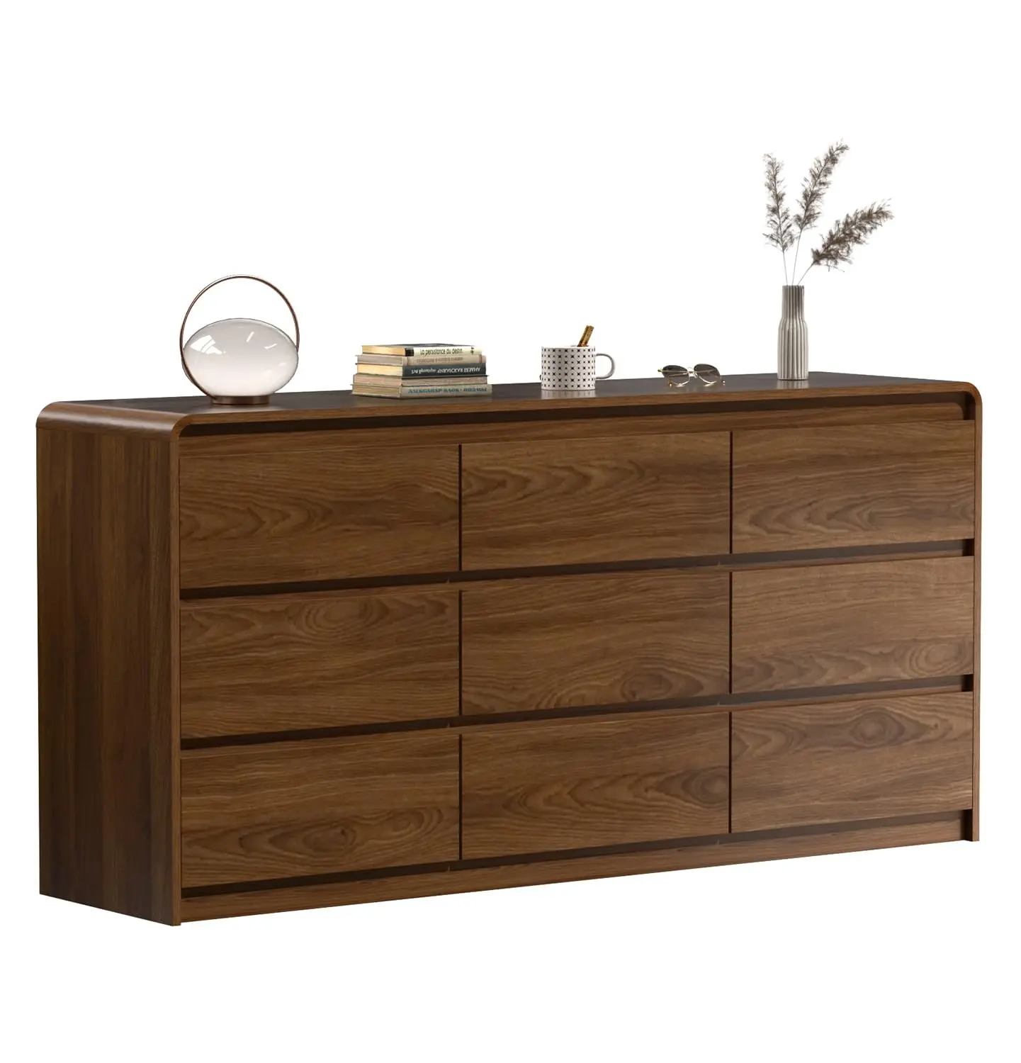 Walnut 9 Drawer Dresser with Soft-Close, Anti-Collision Design, Mid Century Modern Bedroom Storage, 63