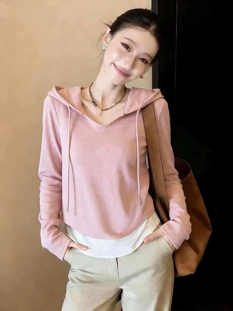 

Розовая женская футболка с капюшоном и длинным рукавом, повседневная, весенняя, больших размеров, для полных женщин, с эффектом двухслойности, элегантная.