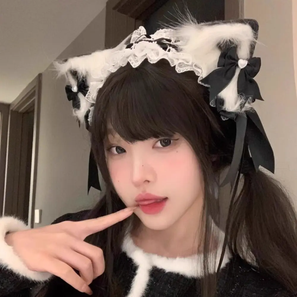 New Lolita Cat Ears Headband Bow Lace Head Wrap Cosplay Headwear Women