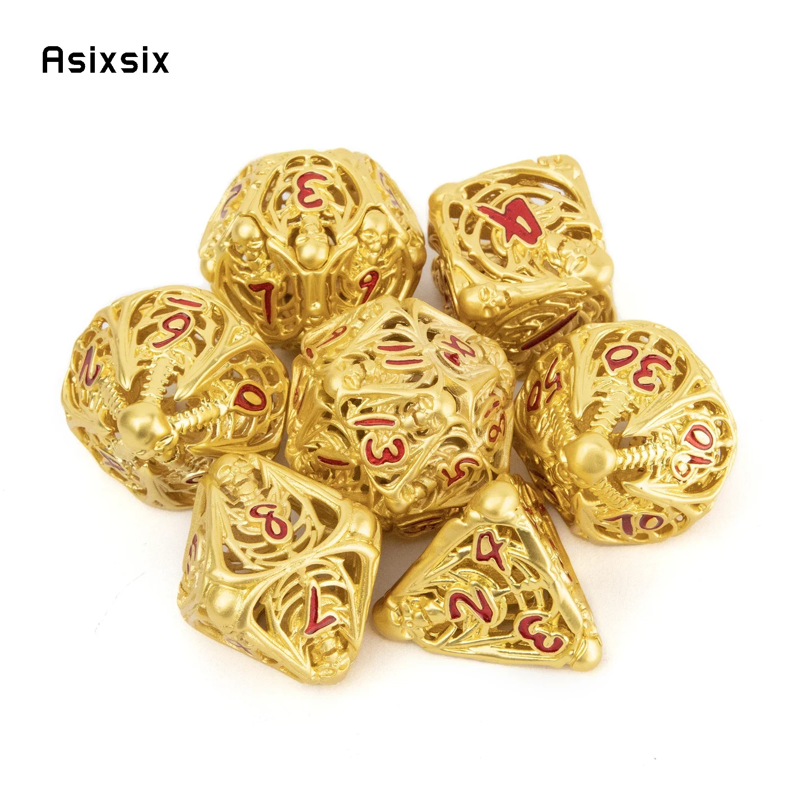 

7 Pcs Golden Red Skull Metal Dice Hollow Metal Polyhedral Dice Set Suitable for Role-Playing RPG Board Game Gift