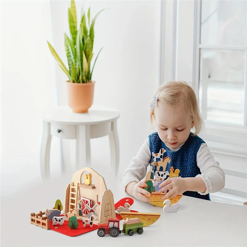 

WOWFU-18Pcs Farm Animals Barn Wooden Montessori Stacking For Toddlers Red Barn Farm Pretend Playset Birthday Gift