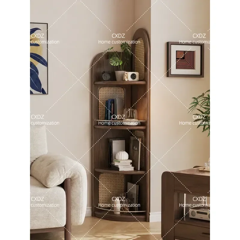 Solid Wood Corner Bookshelf Retro Storage Rack for Small Apartment Living Room Mid Century Modern Style Wall Mounted