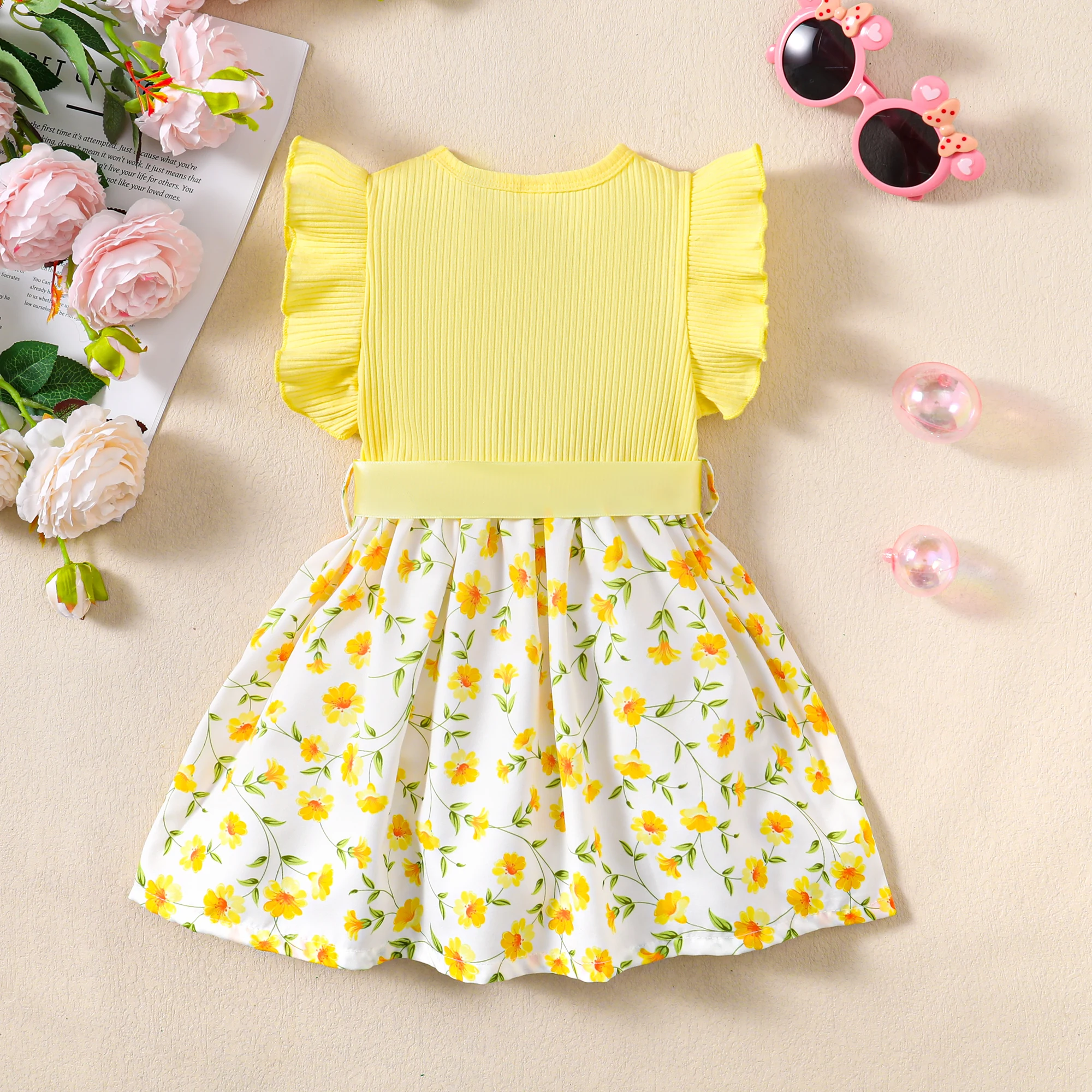 Summer New Yellow Oil Painting Style Baby Girl Temperament Dress Round Neck Flying Sleeve Breathable Flower Print Princess Dress