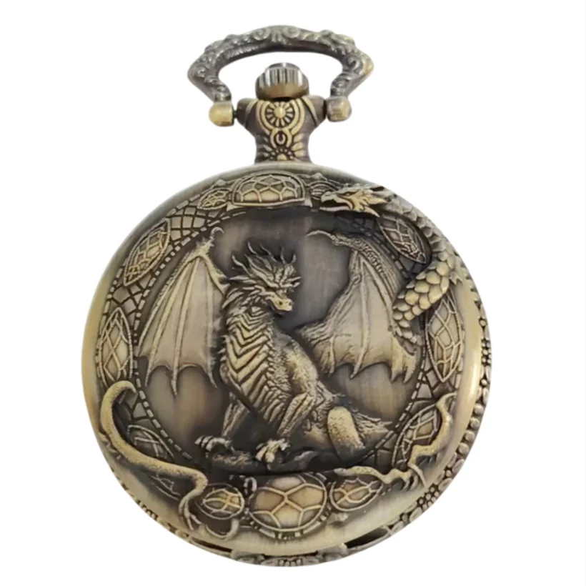 Relógio de bolso vintage steampunk com dragão esculpido em quartzo, colar com pingente, corrente de relógio, presentes masculinos e femininos