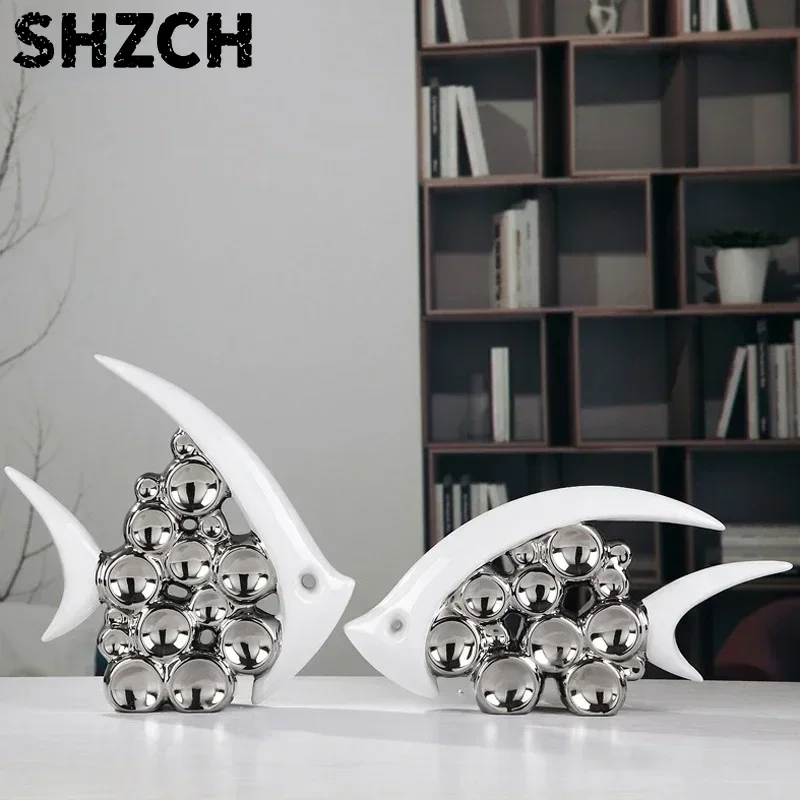 Silver Plated Bouble Couple Kiss Fish Vase Modern Europe Ceramic Furnishing Articles Office Home Livingroom Ornament Decoration