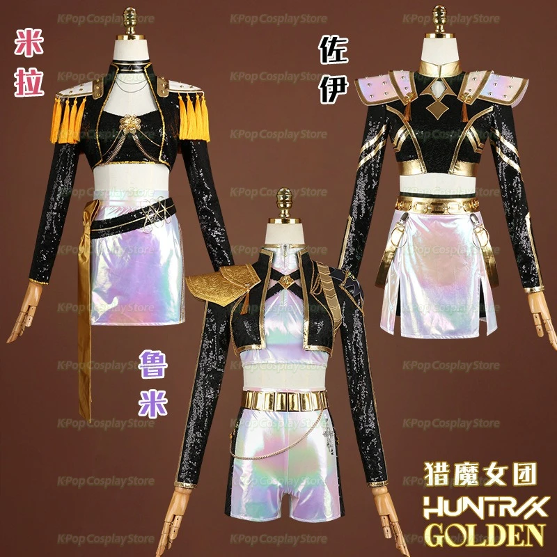 

K-Pop Rumi Zoey Mira Huntrix Stage Outfit Black Golden Cosplay Costume Wig Movie Kpop Demon Hunters Cosplay Korea Idol Dress