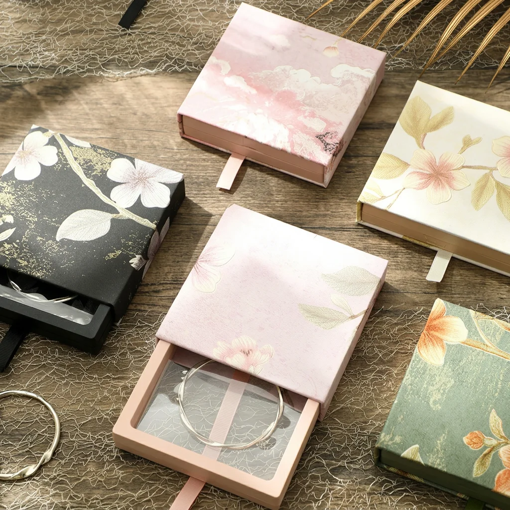 

Square Jewelry Box Floral Embossed Paper Jewelry Display Box Jewelry Packaging Box Convenient Pull-Out Floral Suspension Case