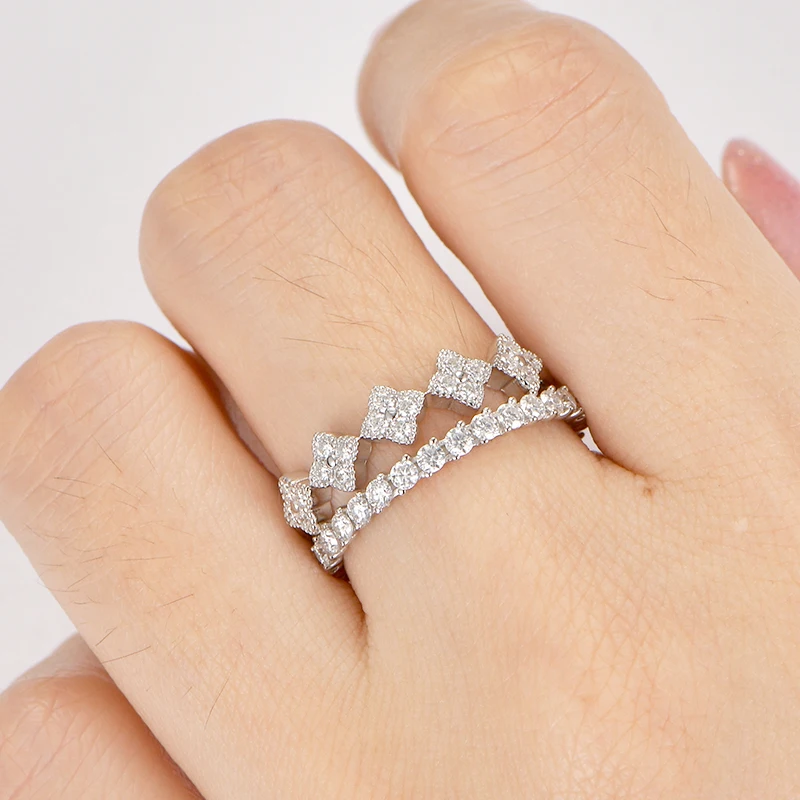 IOGOU 925 Sterling Silver Women Lucky Four-Leaf Clover Wedding Band Ring Set D-Color VVS1 2mm&1.5mm Full Moissanite Ring Jewelry