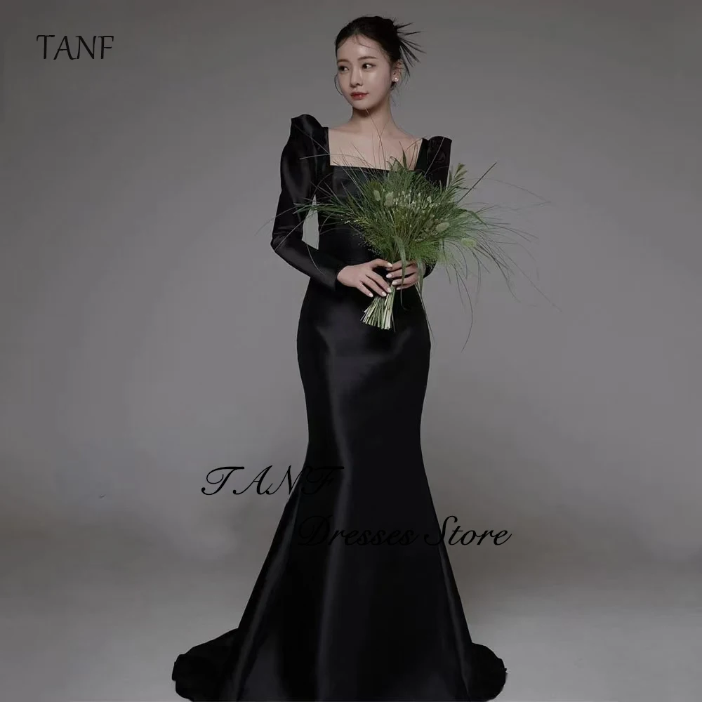 

TAFN Black Square Neck Korea Mermaid Wedding Dresses Photos Shoot Customized Long Sleeves Satin Black Evening Formal Gown