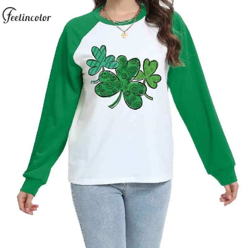 Fake Two Suits Print Sweatshirts for Women St. Patrick's Day Pullover Lucky Irish Clover Graphic Hoodies Holiday Couple Clothing