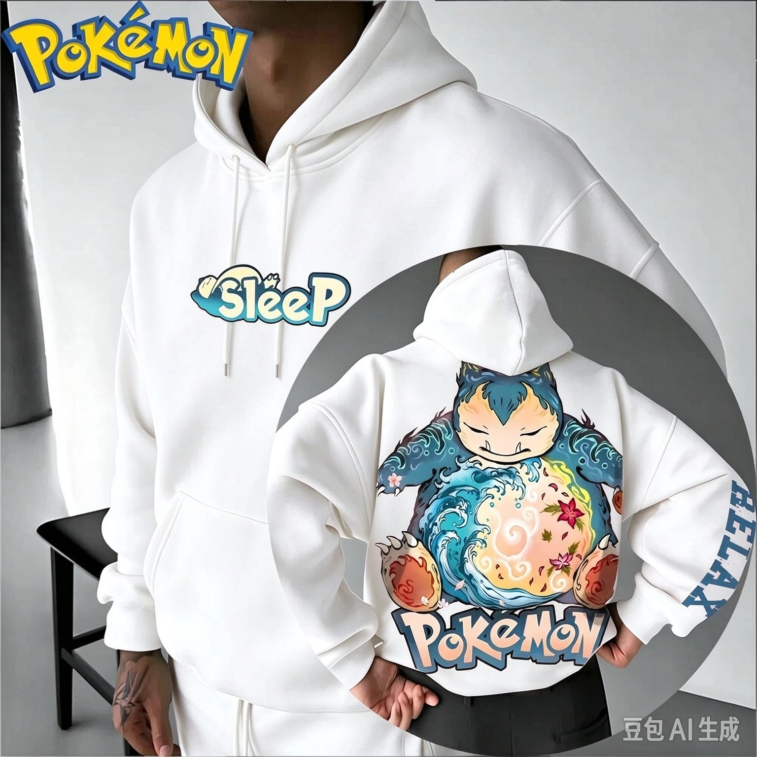 2026 Pokemon Snorlax Hoodie Men Front Back Sleeve Print Sleep Graphic Hooded Sweatshirt Anime Streetwear