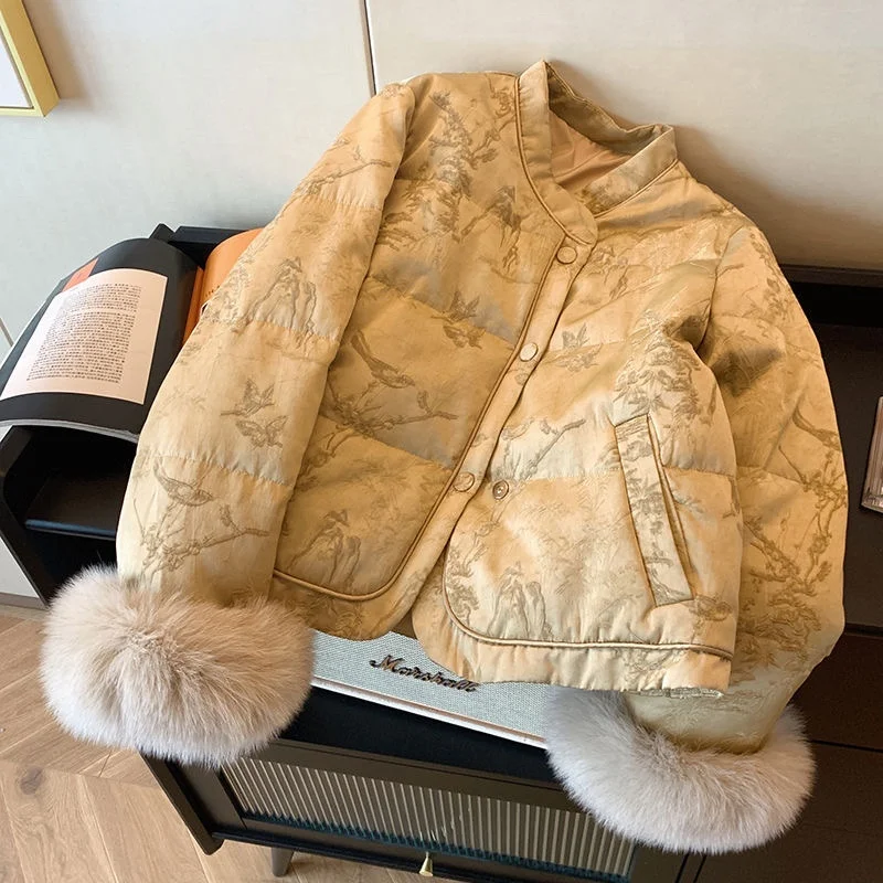 

Retro Chinese Sle Fce Lined Coat Women's Winter Faionable Warm Cotton Outerwear with Fluffy Sve Cuffs Straight Cut