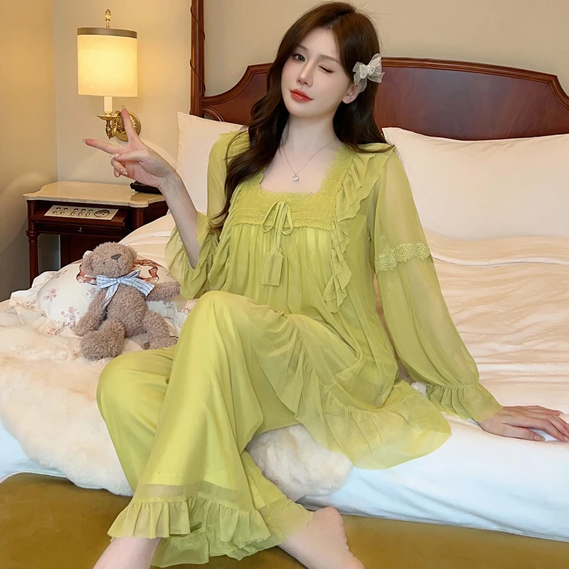 

2025 Spring Sweet Princess Long Sleeve Cotton Pajama Sets for Women Korean Cute Lace Sleepwear Suit Pyjama Homewear Home Clothes
