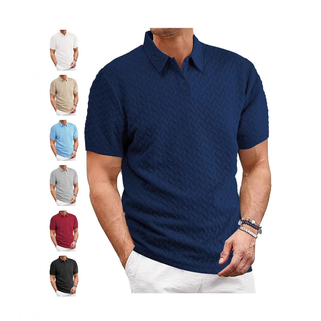 Men Solid Jacquard Knit Polo Shirt Button Collar Breathable Casual Short Sleeve Daily Shirts