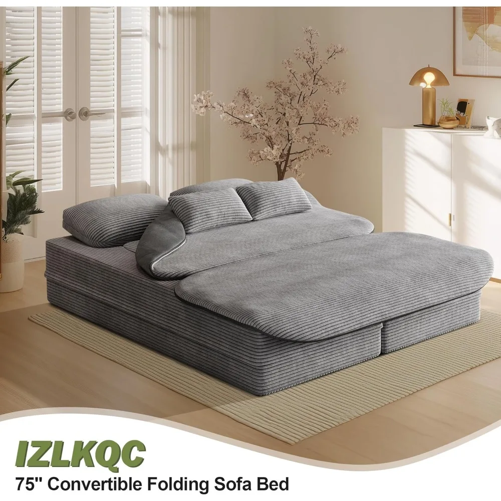 75'' Convertible Folding Sofa Bed, Memory Foam Couch, Corduroy Couch Love Seat Sleeper Bed, 2-In-1 Foldable Curved Sleeper Sofa