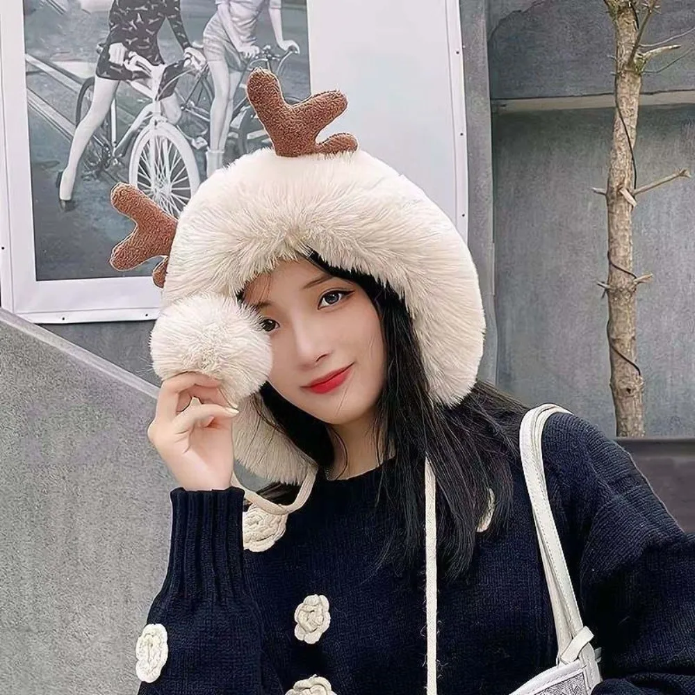 Pom Beanie Thickened Deer Antler Beanie Thermal Windproof Ear Protection Cap Washable Breathable Warm Earflap Hat Teens