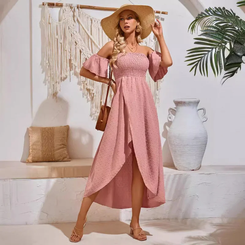 TemuSummer Self-Shot Casual Women's Solid Color Fresh Style Gathered Long Dress