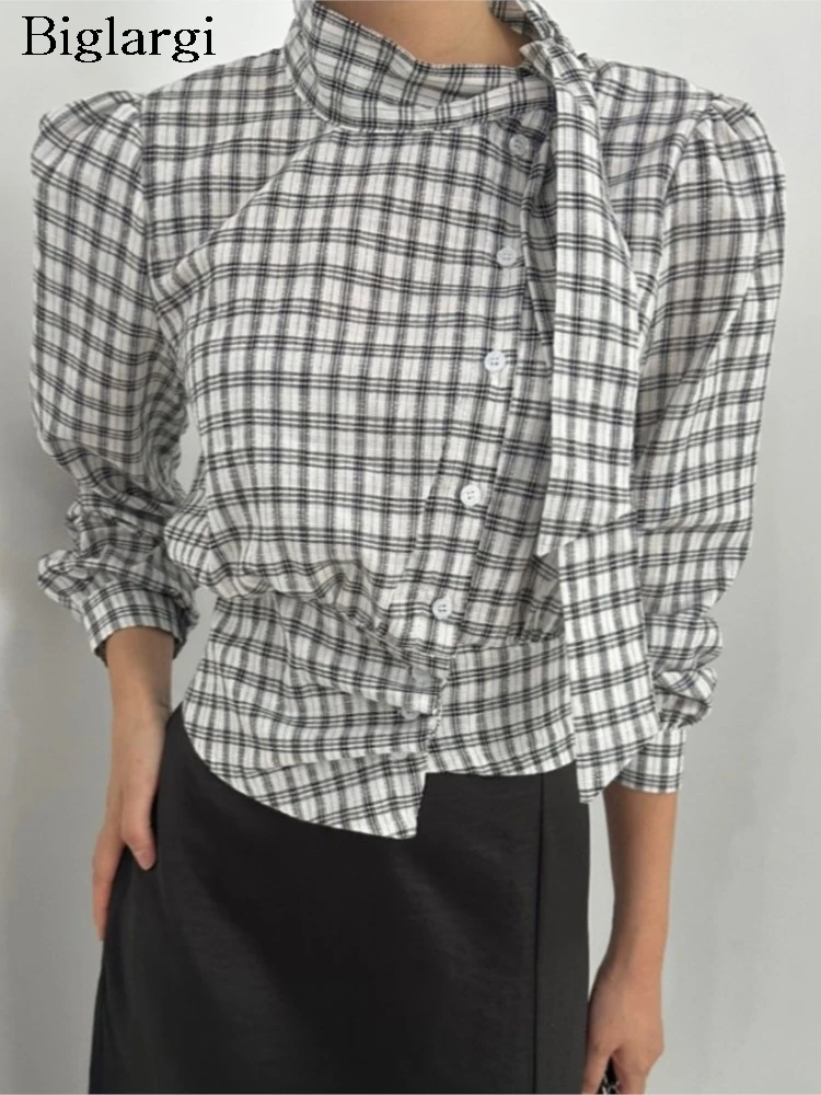 

Autumn Plaid Print Shirts Women Irregular Pleated Slim Fashion Ladies Blouses Korean Style Puff Long Sleeve Woman Shirt
