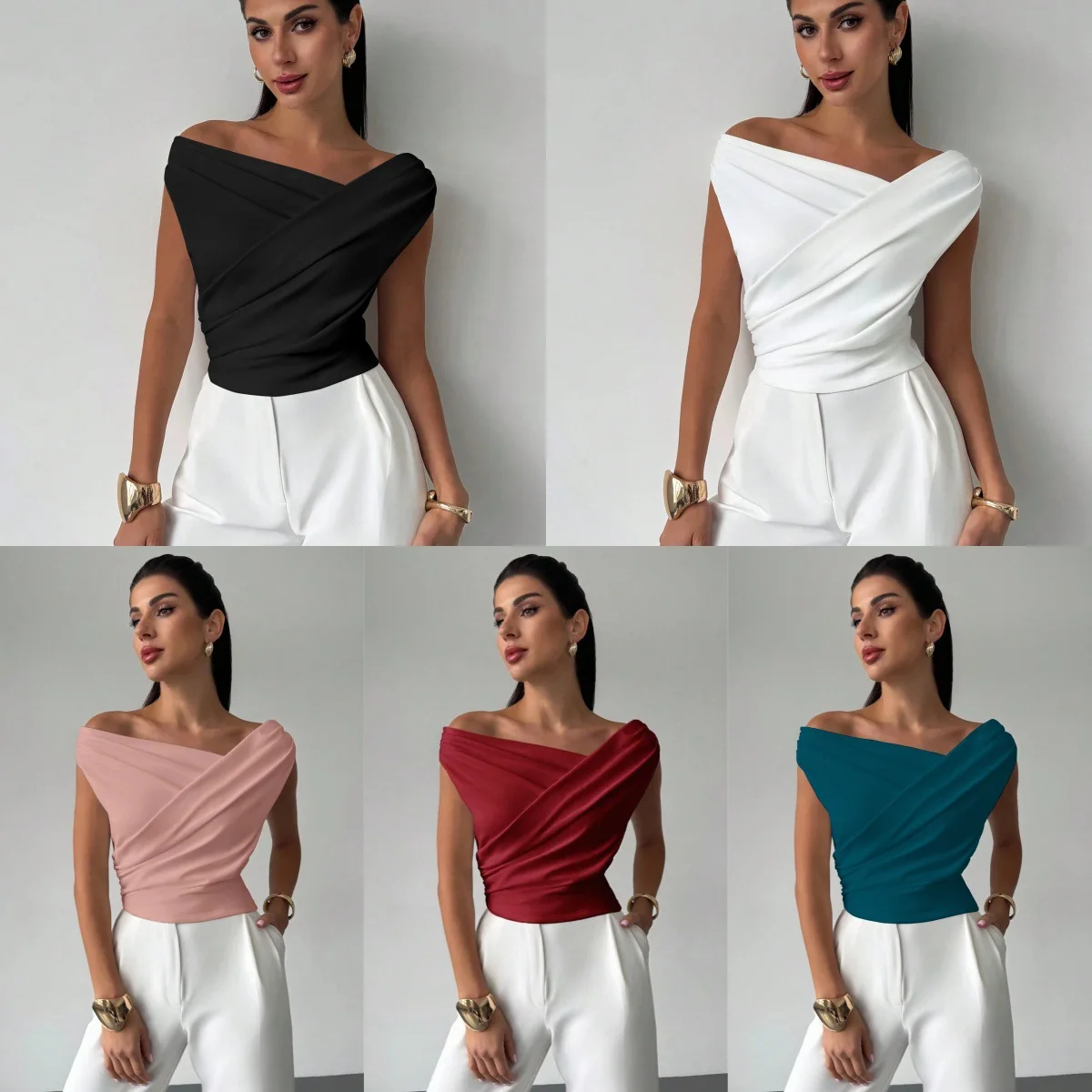 

Women's Slim Fit One-Shoulder T-Shirt Solid Sleeveless Minimalist Style Slimming Crop Top Casual Daily Fashion Trendy Summer Top