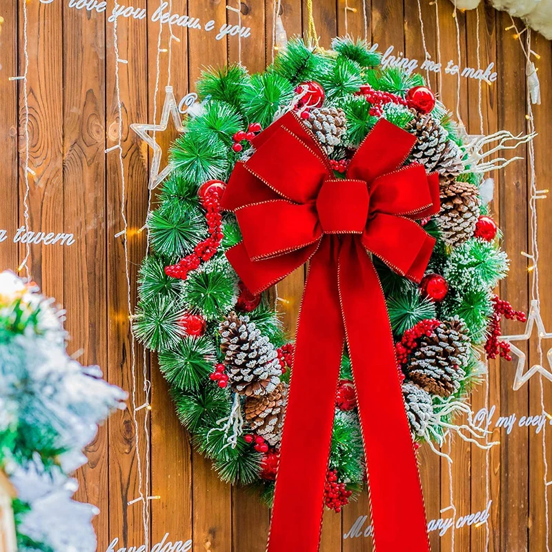 Noeuds de Noël rouges pour décorations extérieures, grand arc d'arbre de Noël, couronne de velours avec paillettes, bord doré, décoration de porte d'entrée