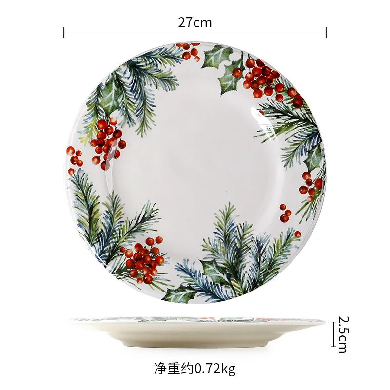 Amerikaanse keramische creatieve kerstbord met onderglazuurkleur, platte ronde bord voor huishoudelijk gebruik, dim sum decoratief bord