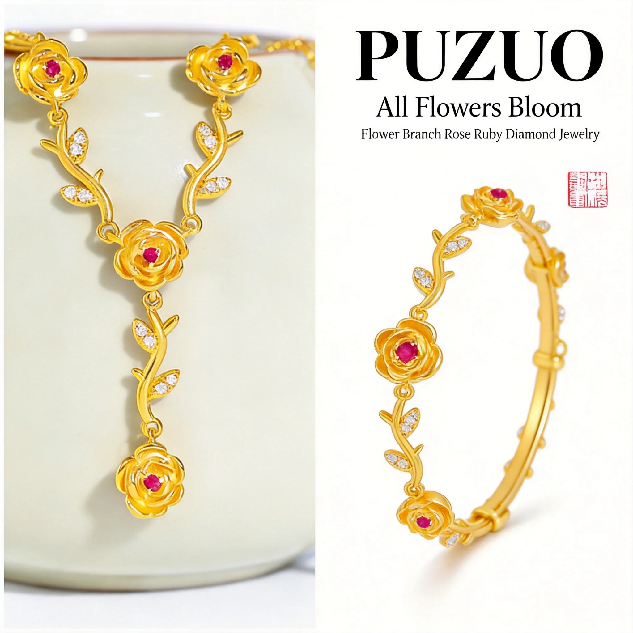 

Chinese Style Auspicious Lucky Gold Plated Magenta Rhinestone Rose Flower Branch Necklace Bracelet Jewelry Set Blessing Wealth