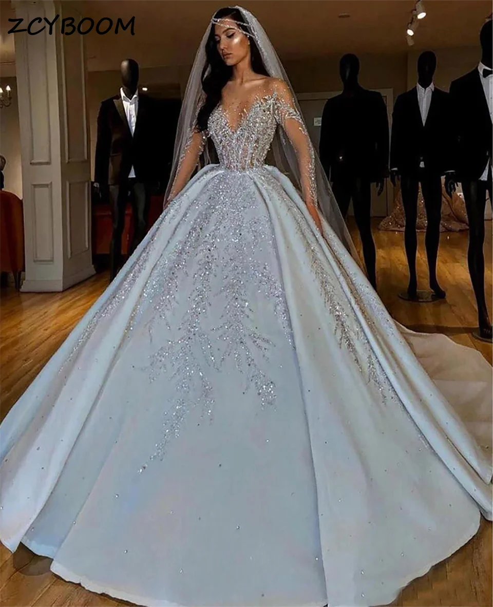 Luxury V-Neck Glitter Sequined Ball Gown Wedding Dresses 2026 Princess Dubai Arabian Long Sleeves Bridal Gowns Vestidos De Novia
