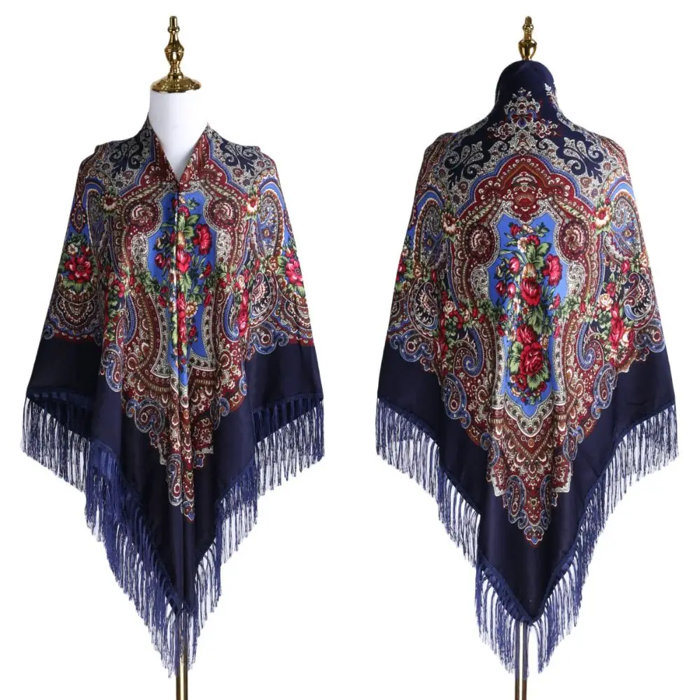 Traditional 160x160cm Square Scarf Floral Print Cotton Head Wrap Tassel Extra Large Bandana Scarf Ethnic Style