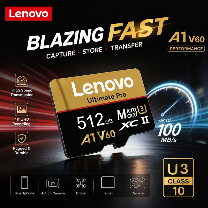 Lenovo Ultimate Pro Cartao De Memoria SD Card 128GB 256GB Memory Card Class10 High Speed 512GB 64GB Magnet-Proof for Drone Phone