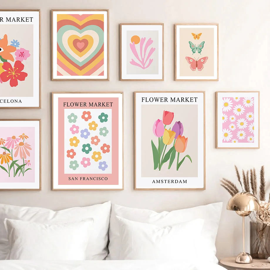 

Rainbow Flower Market Butterfly Heart Wall Art Canvas Painting Posters Prints Wall Pictures Living Room Decorative Aesthetics