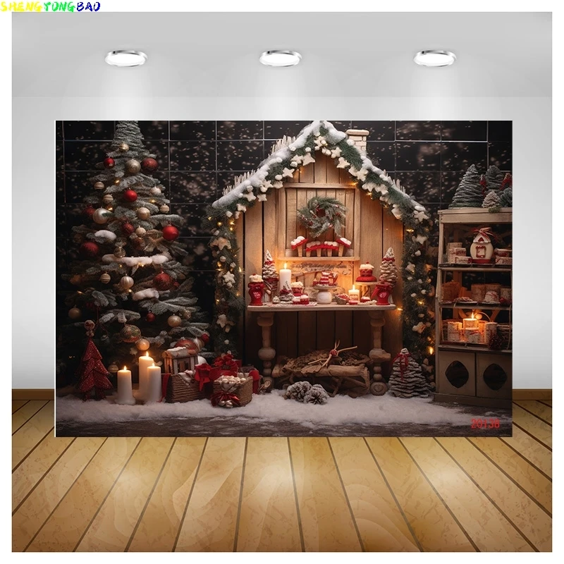 

Vinyl Custom Christmas Day Fireplace Photography Backdrops New Year Candy Chimneys Store Ball Window Studio Background WW-76