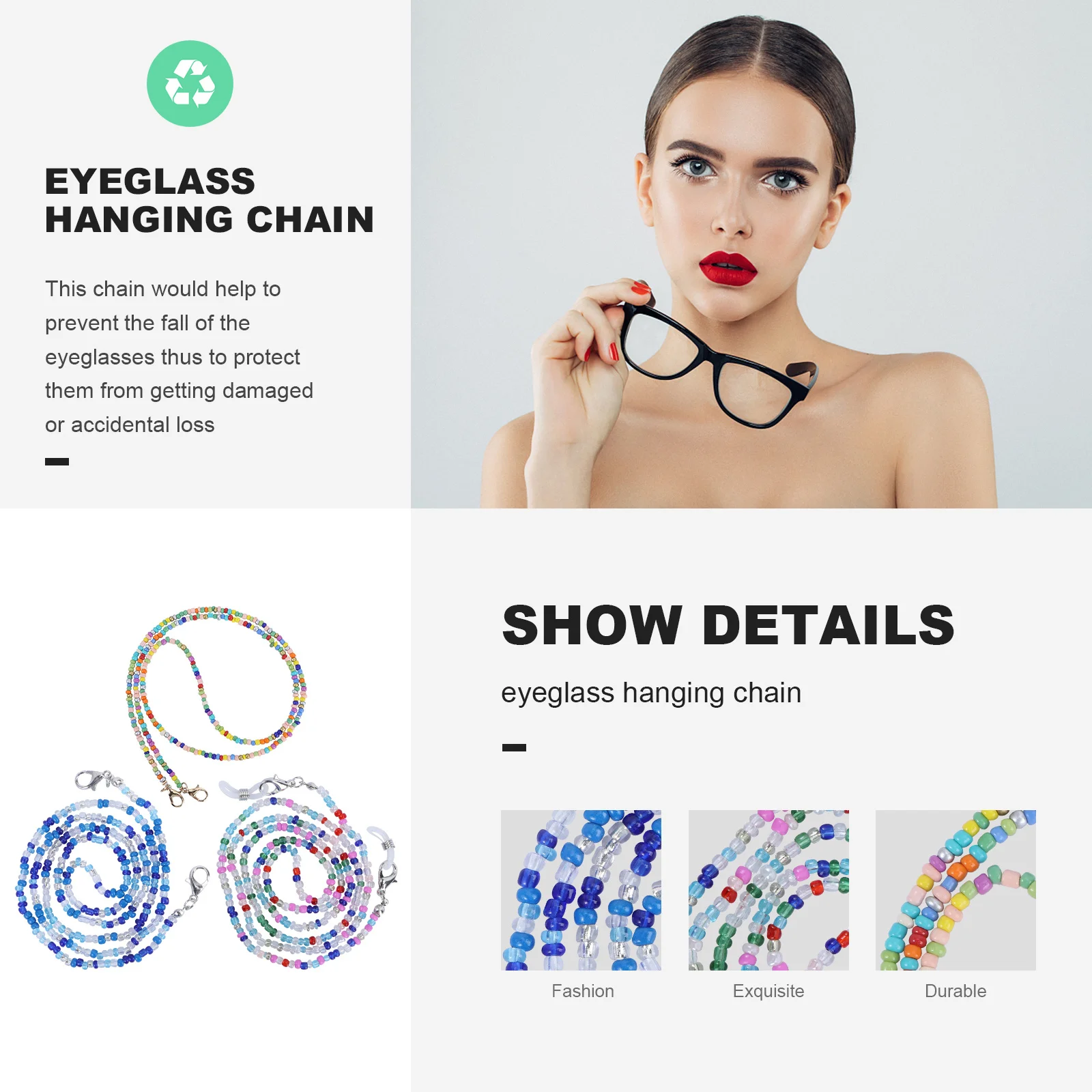 3 Buah Rantai Kacamata Gaya Bohemian Dekorasi Manik-manik Modis Aksesori Kacamata Anti-selip Rantai Kacamata Aksesori Kacamata