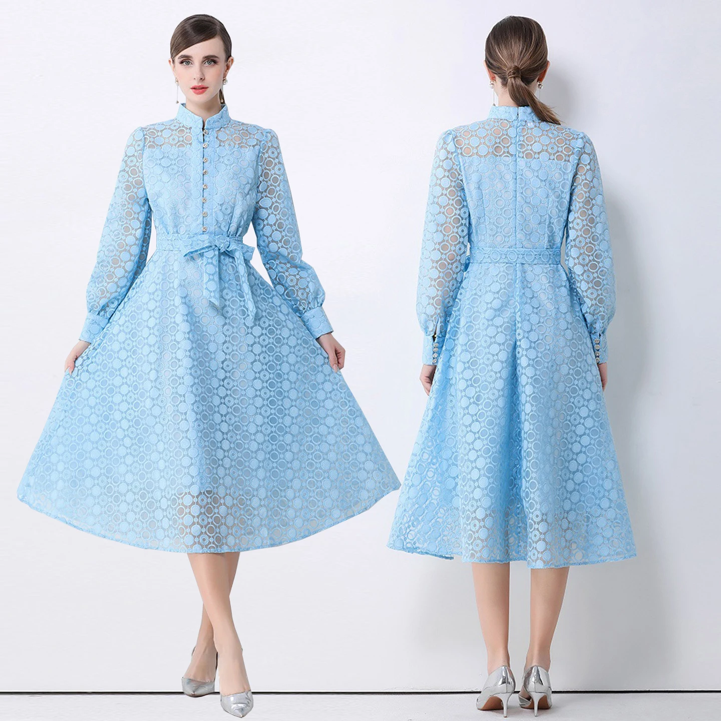 

Ретро-платье для женщин с рукавами-фонариками, вышивкой, ажурными вставками, длинными рукавами, приталенное, в стиле знаменитостей, для повседневной носки и вечеринок