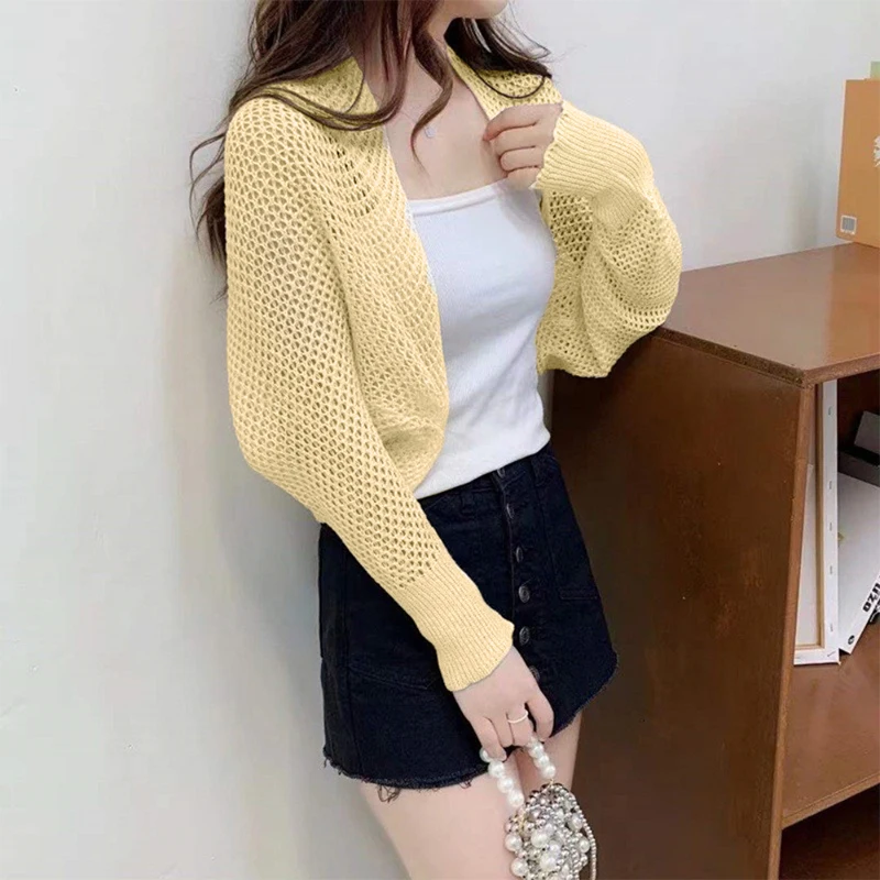 Summer Women Solid Color Hollow Out Long Sleeve Sunscreen Loose Knitted Cardigan