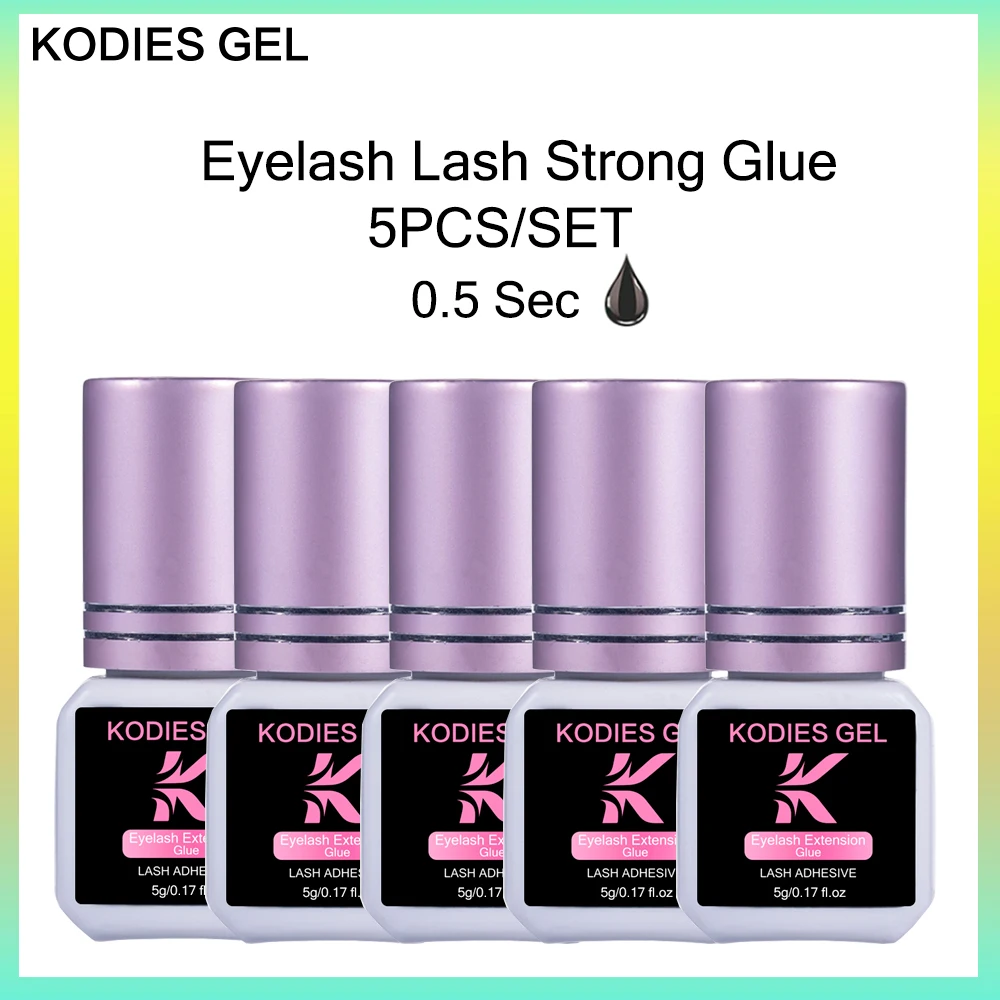 

KODIES GEL 5 PCS Eyelash Extension Glue Supplies 0.5 Sec Dry Black Long Retention Strong Hold Lash Adhesive Glue Private Labels