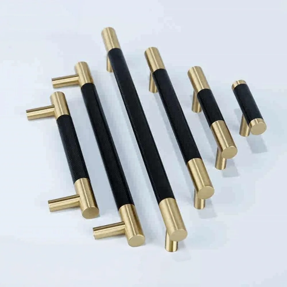 Modern Chinese Style Furniture Pull Handle Black Textured with Brass Gold End Cap Single Hole Knob 16‑448mm for Cabinet Drawer