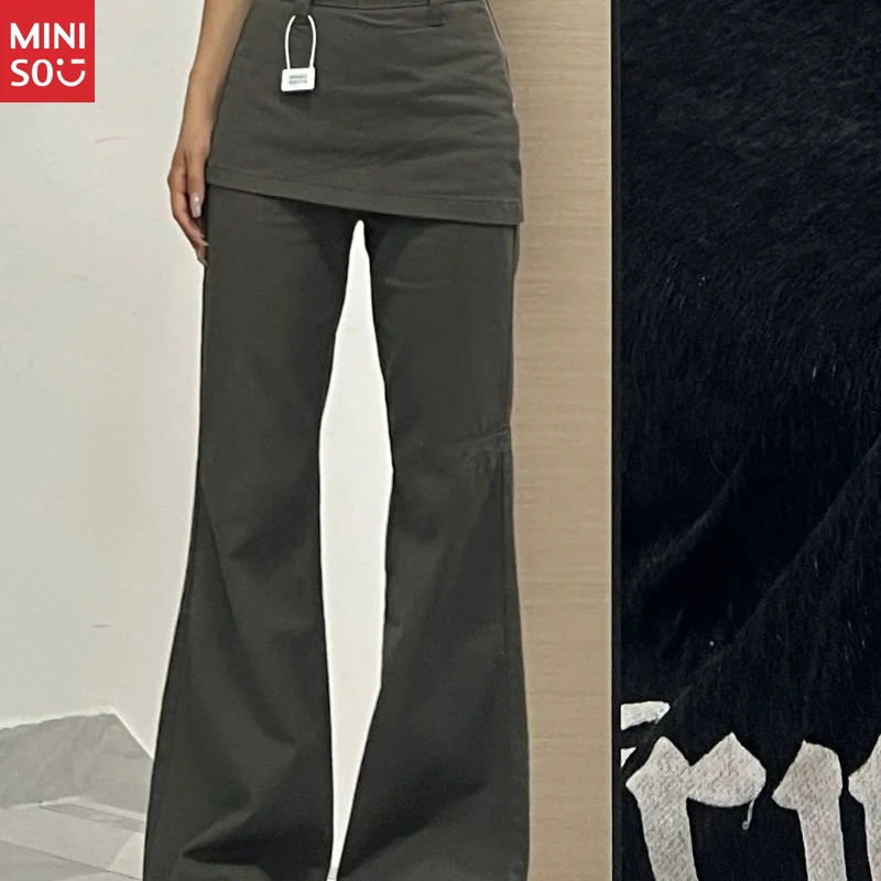 Miniso Plus Size Fake Zweiteilige Jeans, 2025, American Retro Flare Pants, Layered Cargo Wide Leg