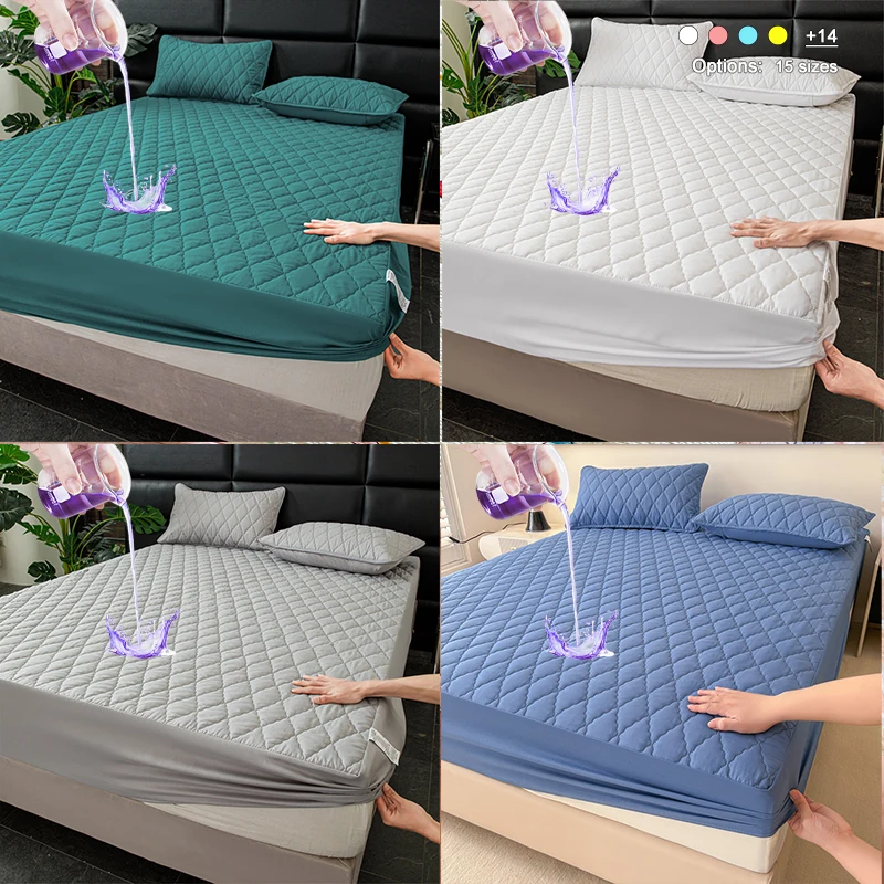 Solid Color Waterproof Fitted Mattress Protector, Deep Pocket Quilted Bed Cover, Soft Breathable Stain Resistant Mattress Cover